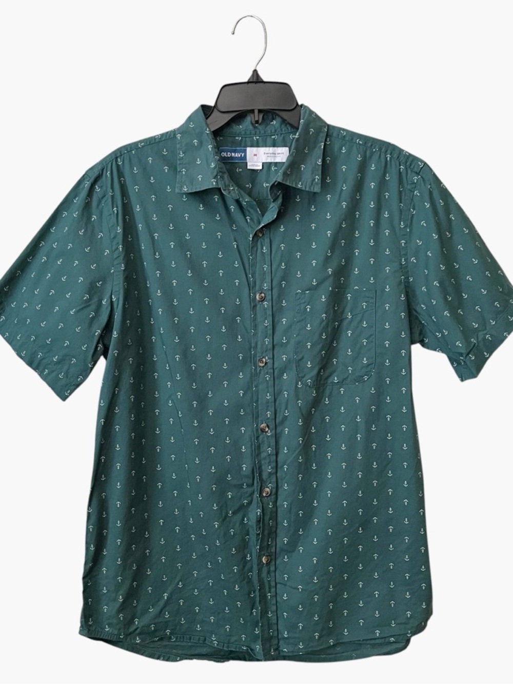 Old Navy Everyday Shirt Regular Fit Men's Size M Green Anchor Print Short Sleeve